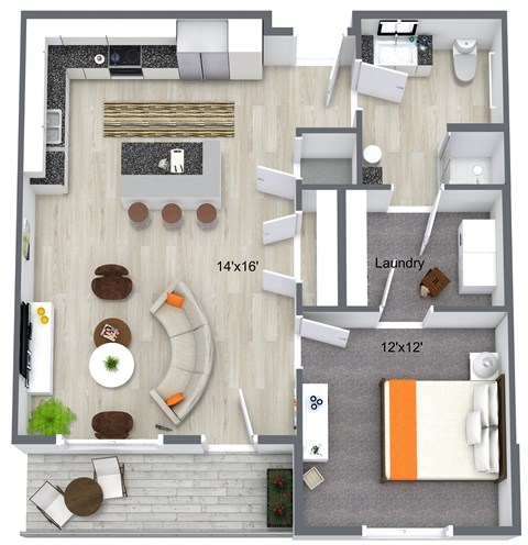Floor plan for 1 bed, 1 bath, 754 sqft